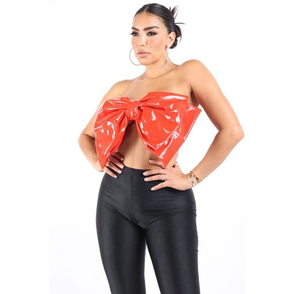 Boutique Tops - Womens Sexy Shiny Latex Super Size Bow Top Party Dance Night Club Holiday Dating
